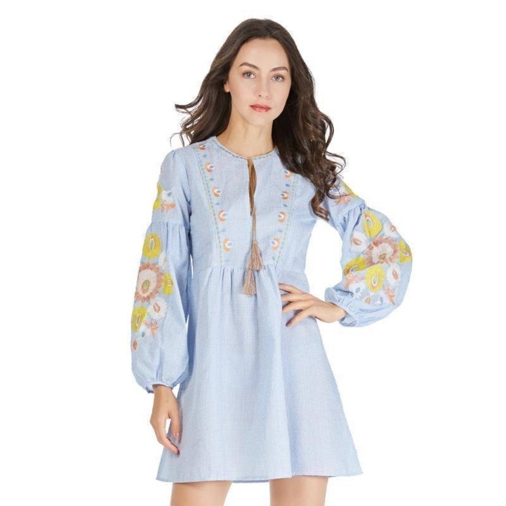 Zara Women Gingham Embroidered Mini Dress Long Sleeve Tassels Lantern Sleeve
